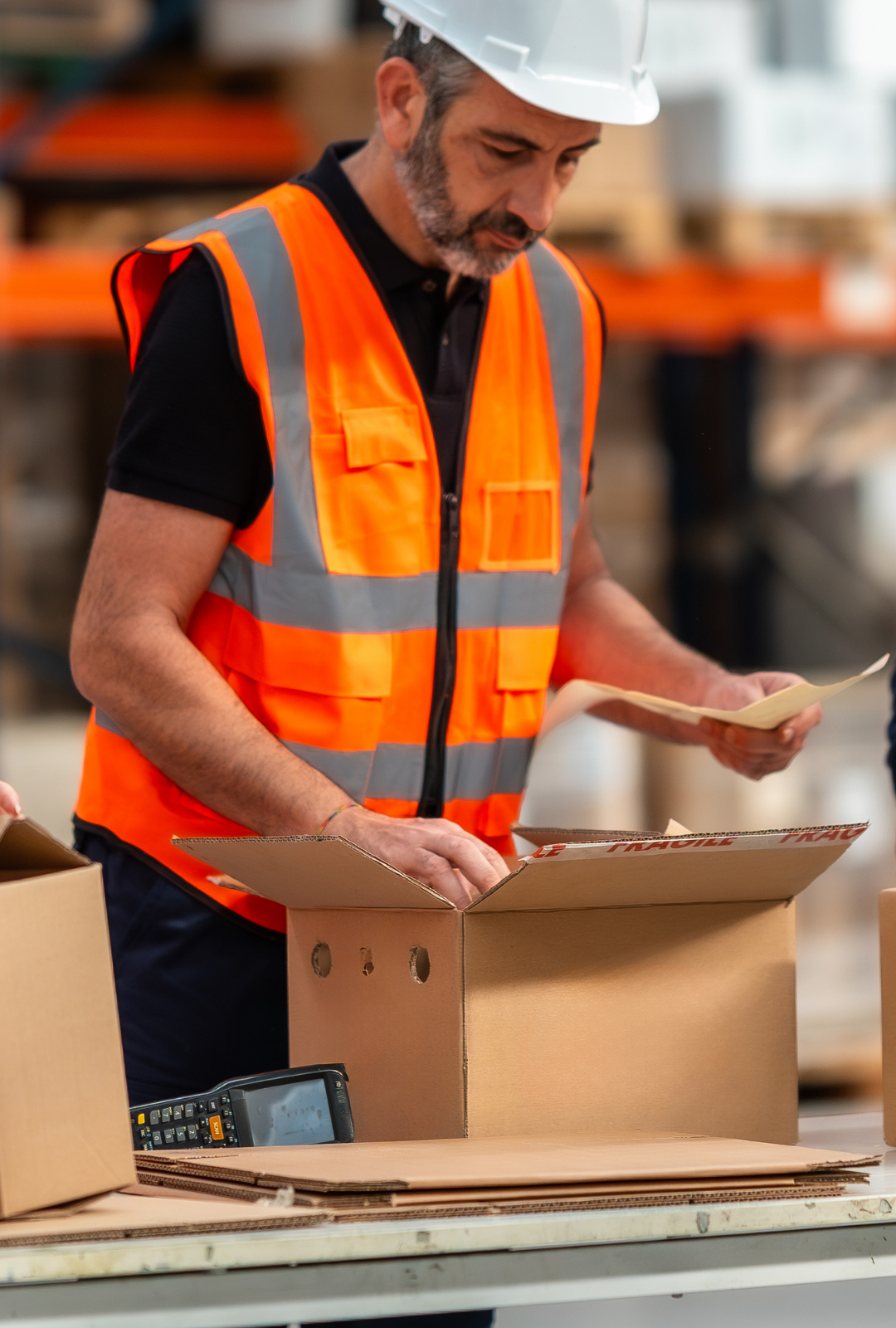 Warehouse worker in high visibility jacket performing contract packing services